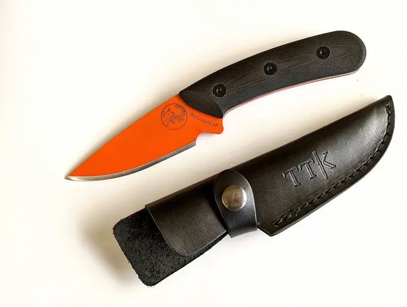 Ausssie Made Hunting Knife Fixed Blade Orange Cerakote Black G10 Handle