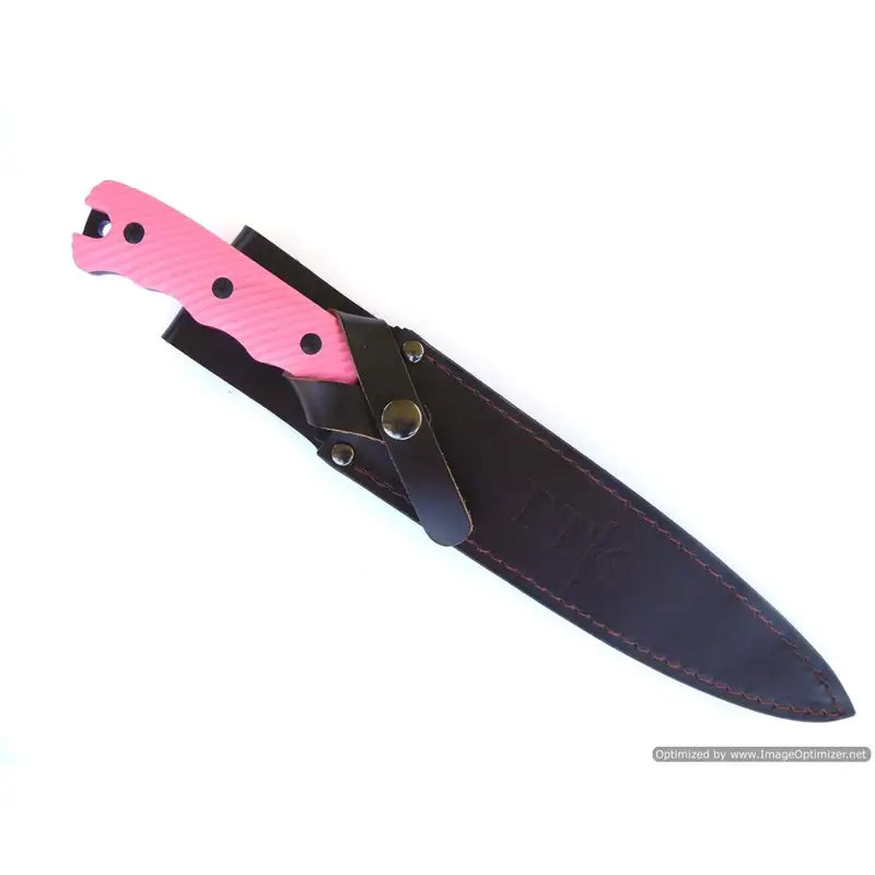Tassie Tiger Pig Sticker 8″ Black Blade Hunting Knife , Pink G10 Non Slip Handle with Leather Sheath