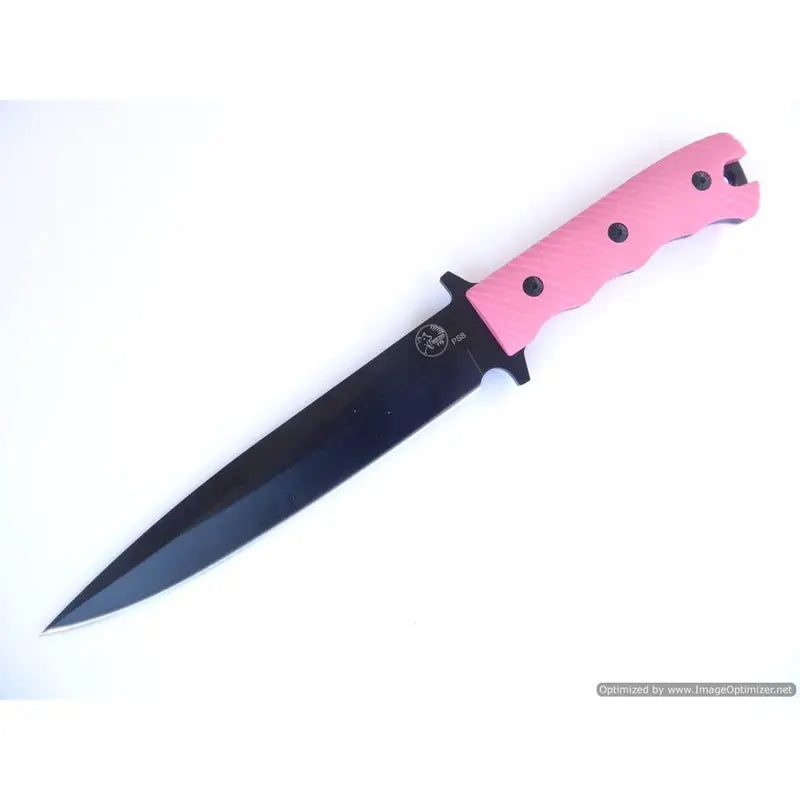 Tassie Tiger Pig Sticker 8″ Black Blade Hunting Knife , Pink G10 Non Slip Handle with Leather Sheath